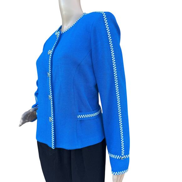 St. John 8 Santana Knit Jacket Cobalt Blue White Stitching Cardigan Blazer - Picture 3 of 11